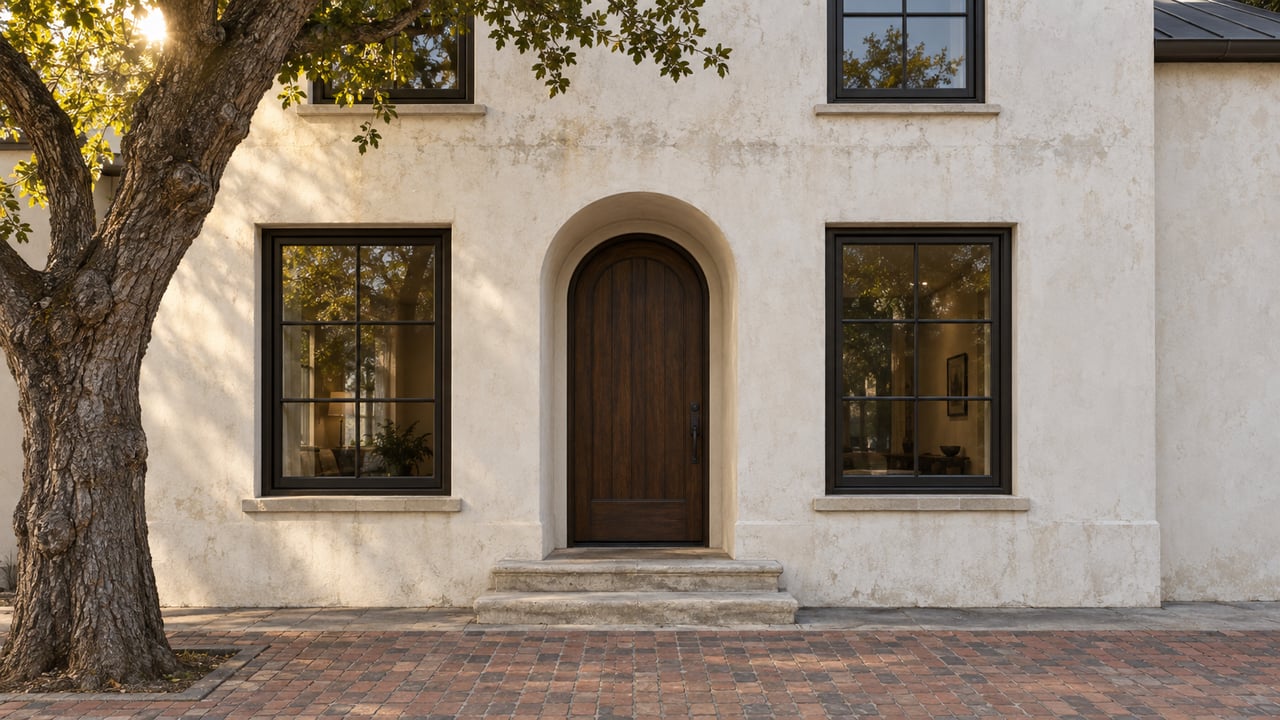 Cream stucco residence with an arched timber door, flanking windows, worn brick sidewalk, and a tree at left.