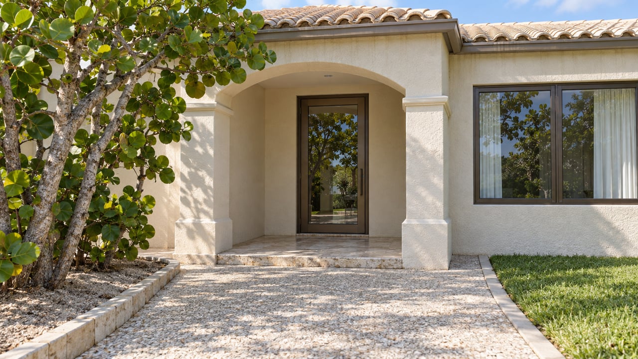 Sunlit ivory stucco home with an arched recessed entry, bronze-framed glazing and a shell-aggregate walk beside a sculptural sea grape.