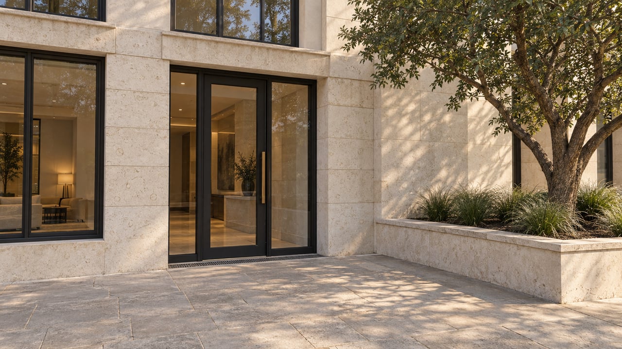 Limestone condominium entrance beside a wide stone-paved pedestrian approach and a contained live oak planting bed.