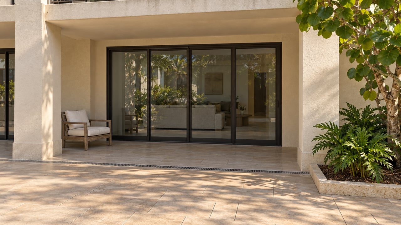 Cream stucco condominium terrace with bronze-framed sliding doors, shaded teak seating and a sea-grape tree beside pale courtyard paving.