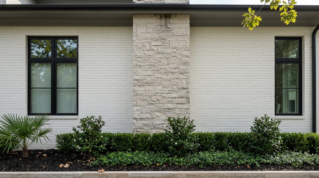 Warm white brick side elevation with limestone chimney, black casement windows, and shrubs beneath an oak limb.