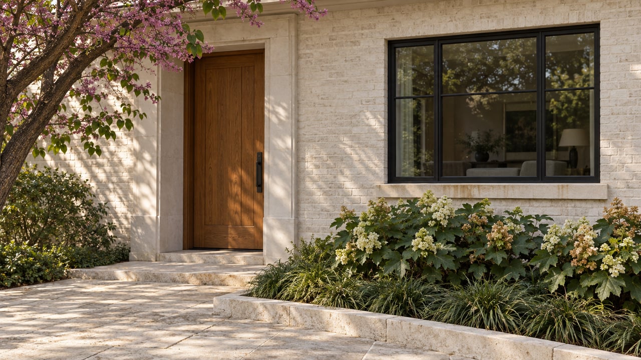Cream brick house facade with an oak door, black-framed window, limestone approach, and redbud canopy.