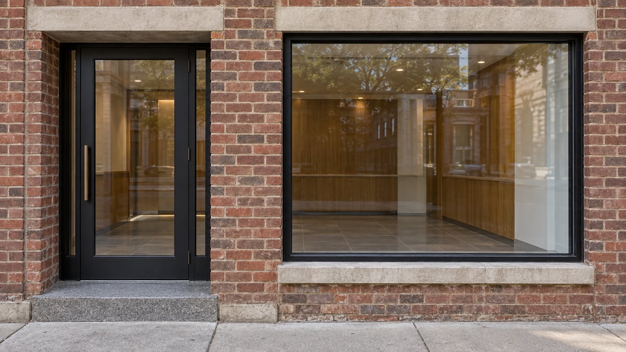 Red-brown brick commercial frontage with a black steel-framed glass entrance, limestone trim, and worn granite threshold beside a broad window.