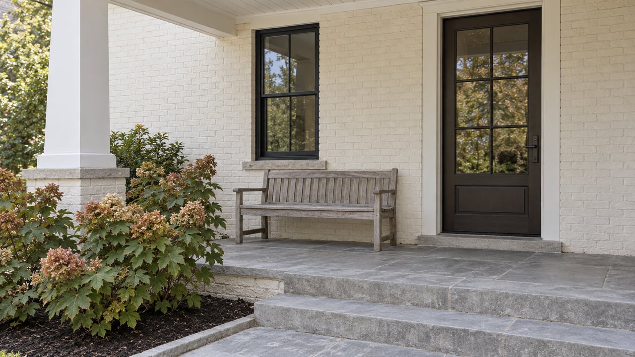 Covered porch with ivory painted brick, a dark glazed entry door, limestone steps, a weathered teak bench, and oakleaf hydrangeas.