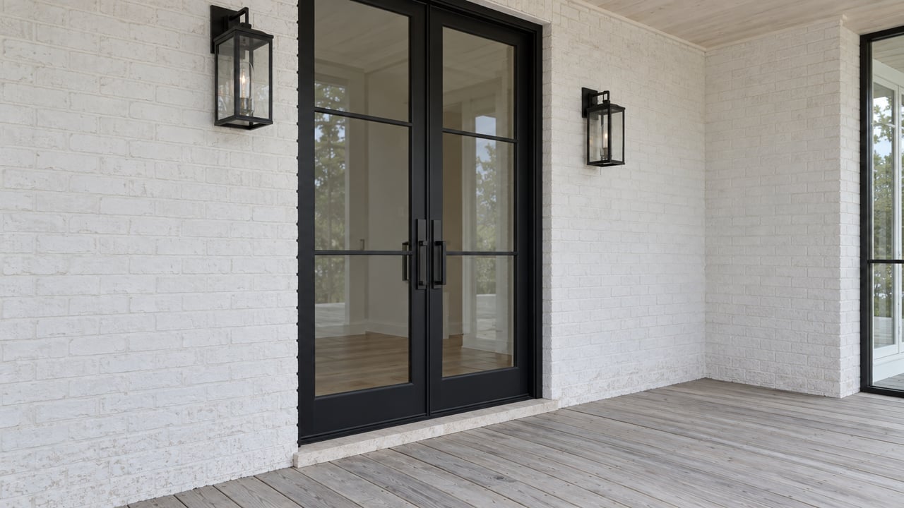 Closed black-metal glazed entry doors in a white brick wall, flanked by matching lanterns on a timber porch.