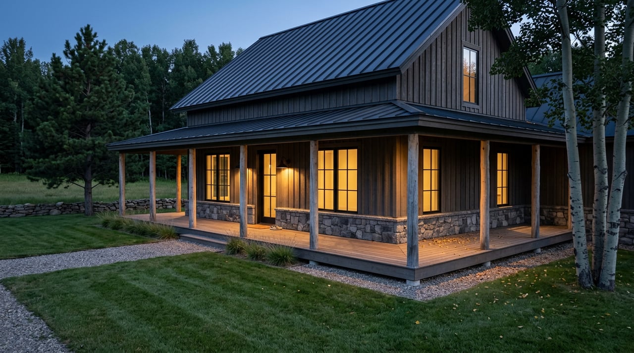 Two-story charcoal-gray home with a covered porch, glowing windows, and a black iron sconce at dusk.