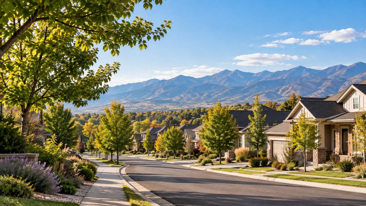 Colorado suburban neighborhood with tree-lined streets, homes, and mountain views representing living in Arvada, Colorado. 
