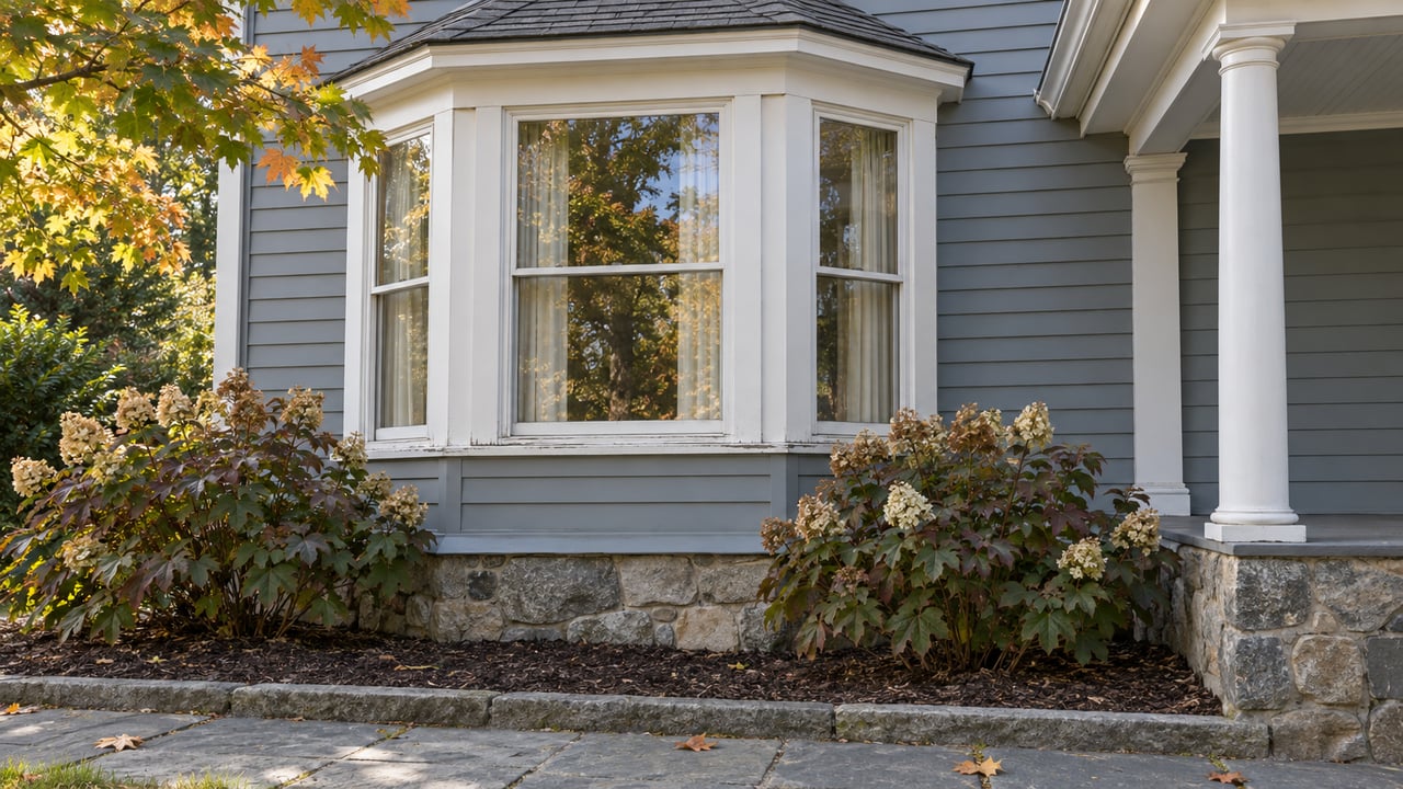 Gray-blue clapboard house with a white-trimmed bay window above fieldstone, oakleaf hydrangeas, and a worn bluestone garden walk.