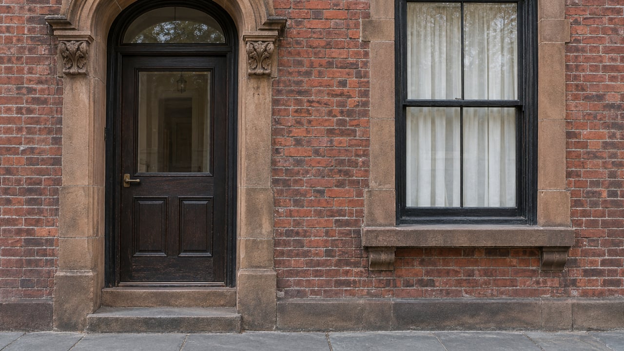 Weathered red brick and carved brown sandstone frame a dark oak residential doorway beside a tall sash window.