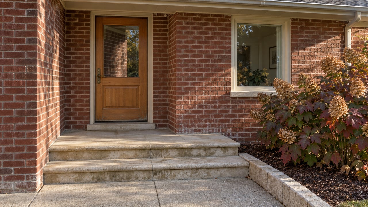 Afternoon light on an older brick home's oak front door, limestone steps and oakleaf hydrangeas.