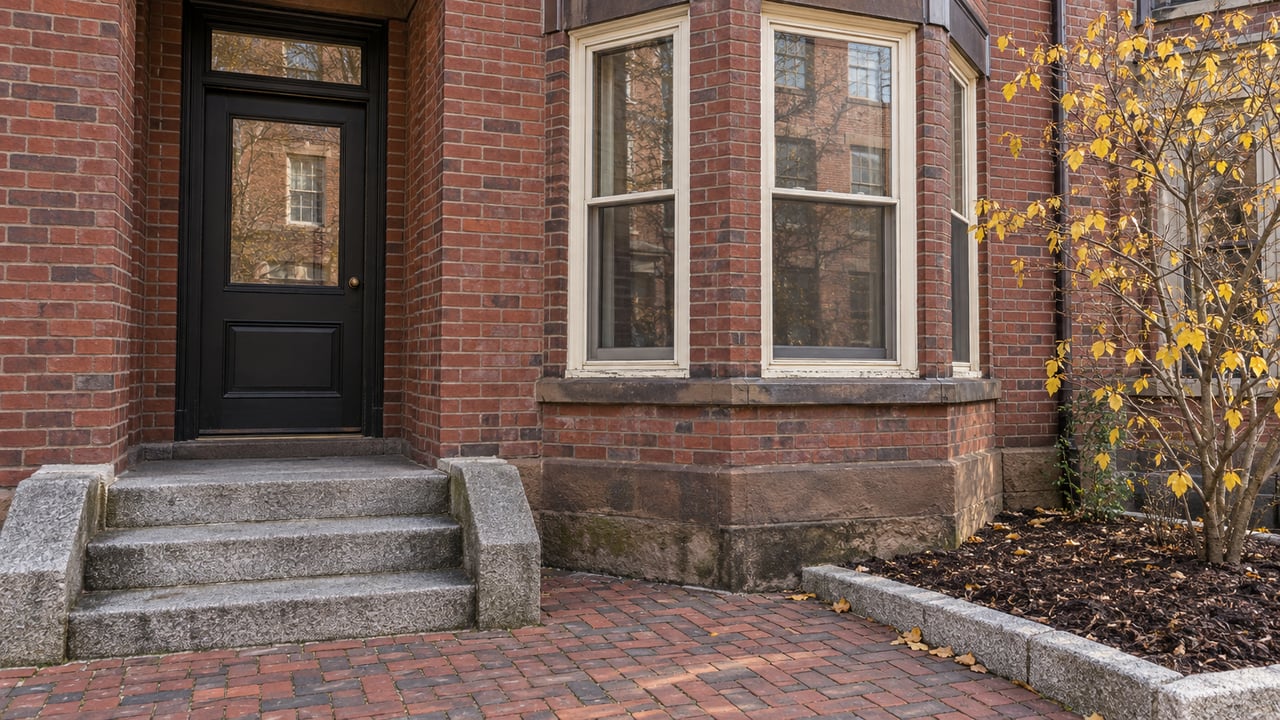 Sunlit brick residential entry with a black timber door, cream-painted bay windows, worn granite steps and a yellow-leaved witch hazel.