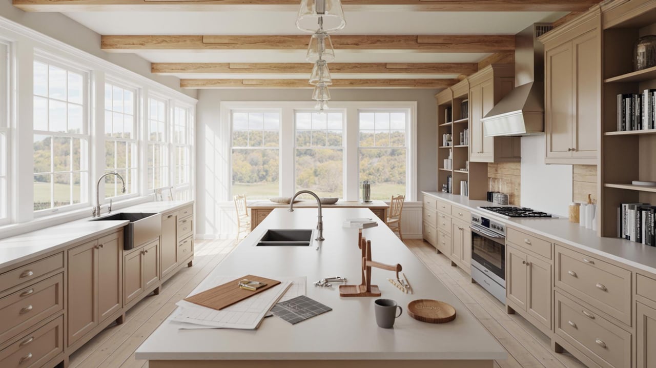 Bright beige kitchen with a long island, exposed ceiling beams, and wide windows overlooking trees.