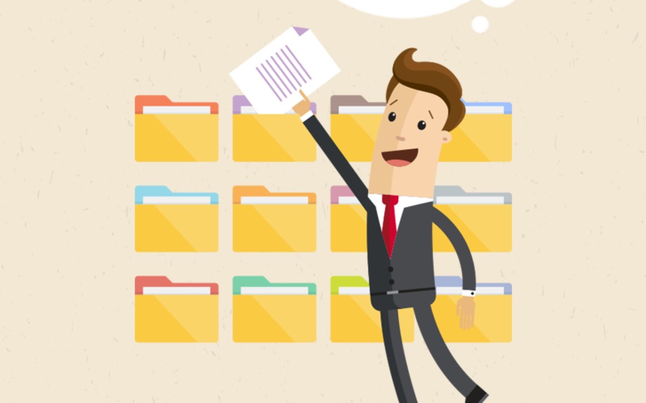 Cartoon man holding a document in front of colorful file folders.