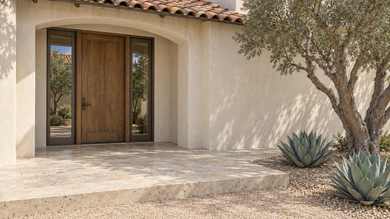 A recessed oak front door with bronze sidelights beneath a clay tile roof, beside a limestone terrace and sculptural desert planting.