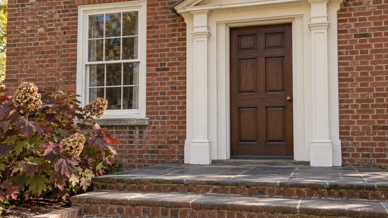 Red brick home entrance with an ivory pediment, dark oak door, slate steps and burgundy oakleaf hydrangea.