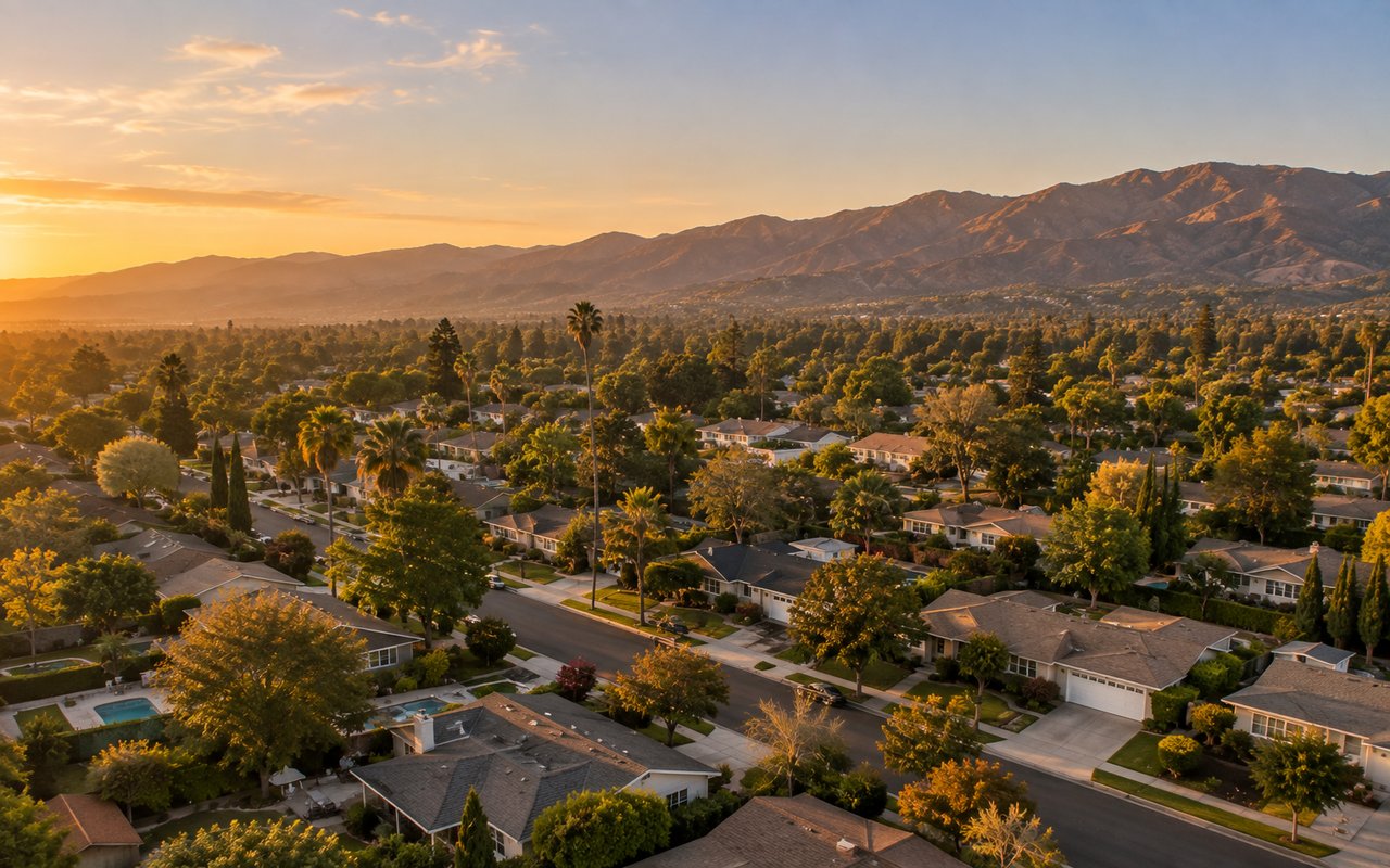 Aerial view of San Fernando Valley single-family homes at golden hour with a for-sale sign in the foreground