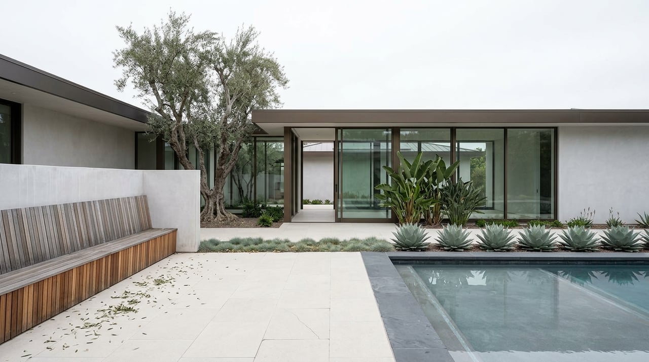 Modern courtyard with floor-to-ceiling glazing, limestone paving, pool, and a mature olive tree.