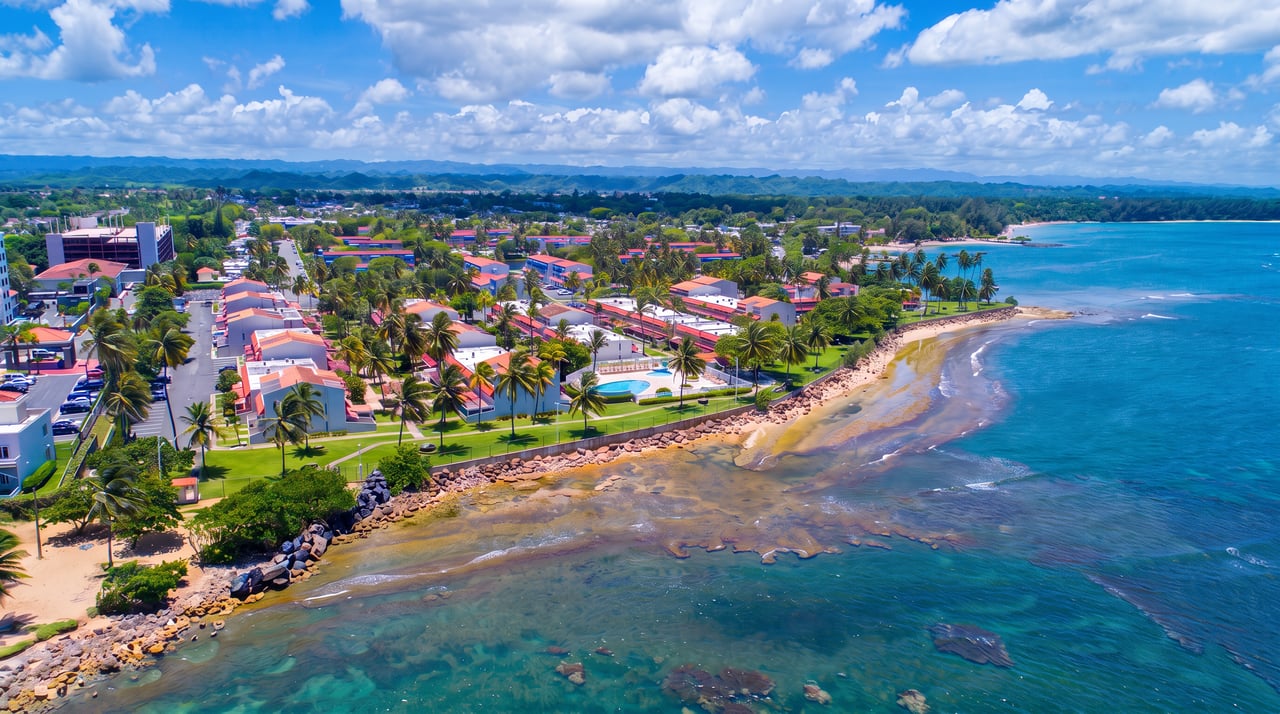 Coastal residential complex with palm-lined homes, a pool, and turquoise water along a rocky shore.