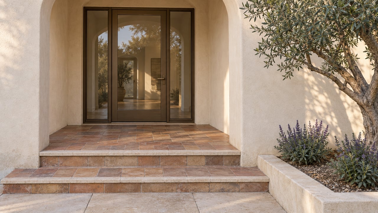 Warm plaster entry with bronze-framed glass door, worn terracotta steps, limestone edging, and a sculptural olive tree.