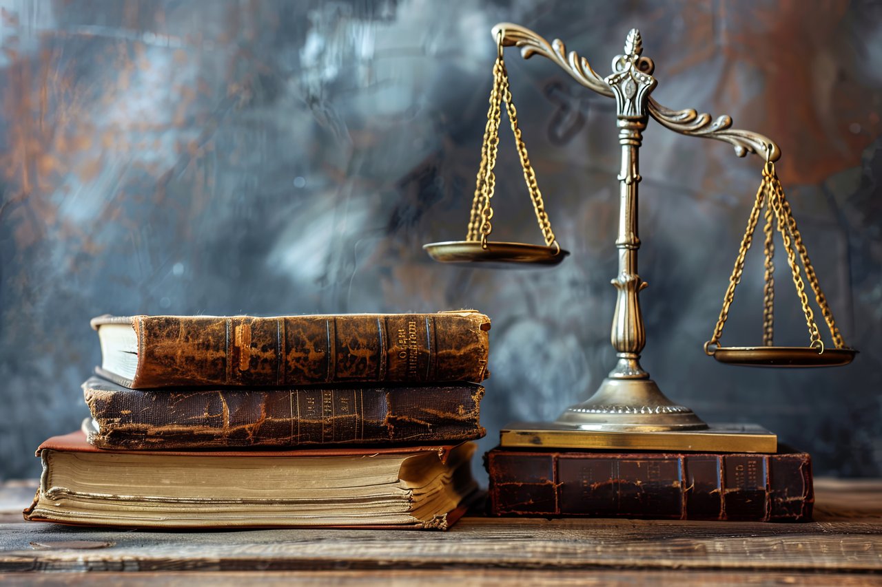 A stack of old books sits beside a decorative brass balance scale on a wooden surface, reminiscent of trusted real estate agents balancing history and modernity in their career resources.