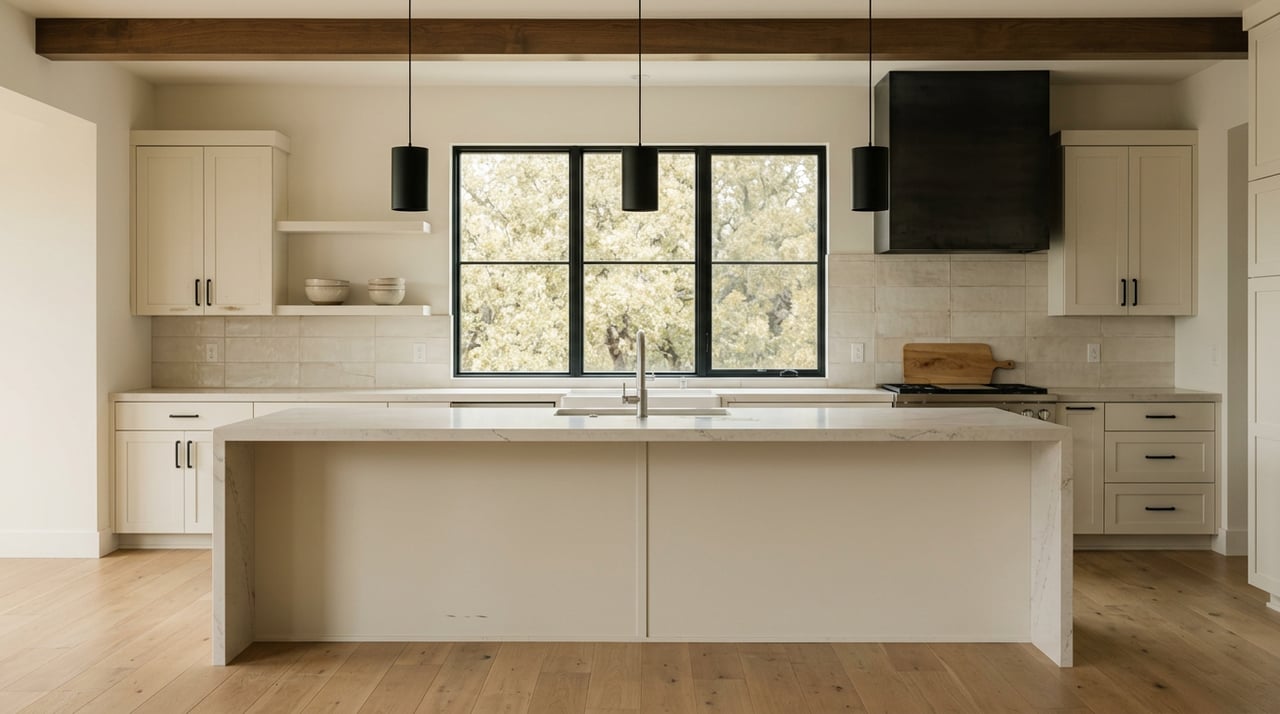 Spacious kitchen with a white waterfall-edge island, black pendant lights, oak flooring, and a large window.