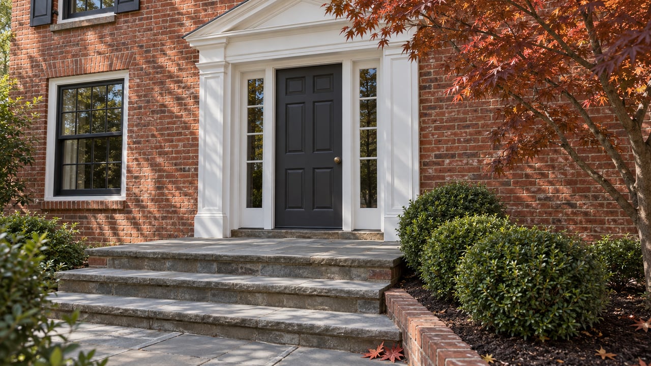 Red brick home entry with a white pediment, charcoal door, stone steps and copper-red maple foliage.
