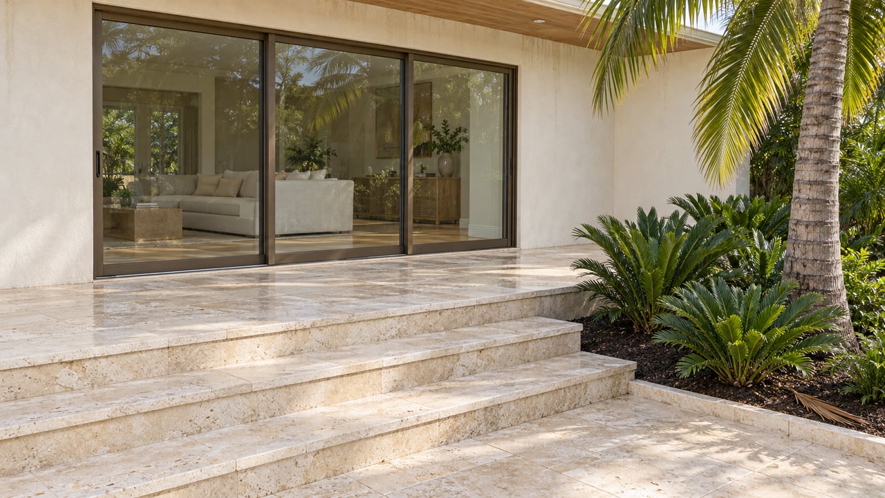 Cream stucco residence with bronze-framed glass doors, shell-limestone terrace steps and a coconut palm beside a planted bed.