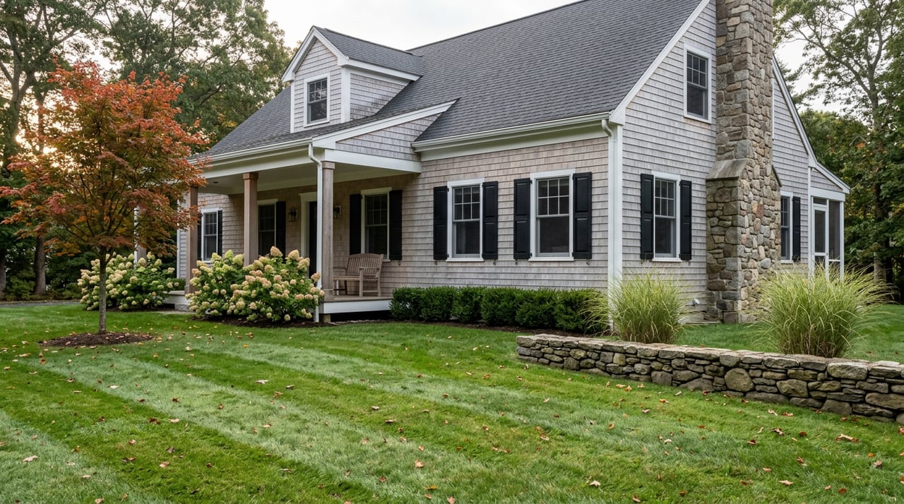 Shingled home with a stone chimney and covered porch beyond a broad lawn and low fieldstone wall.