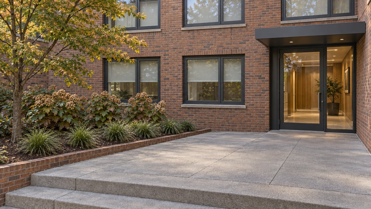 Brick condominium entry court with broad concrete paving, closed glass doors, and a sugar maple above oakleaf hydrangeas.