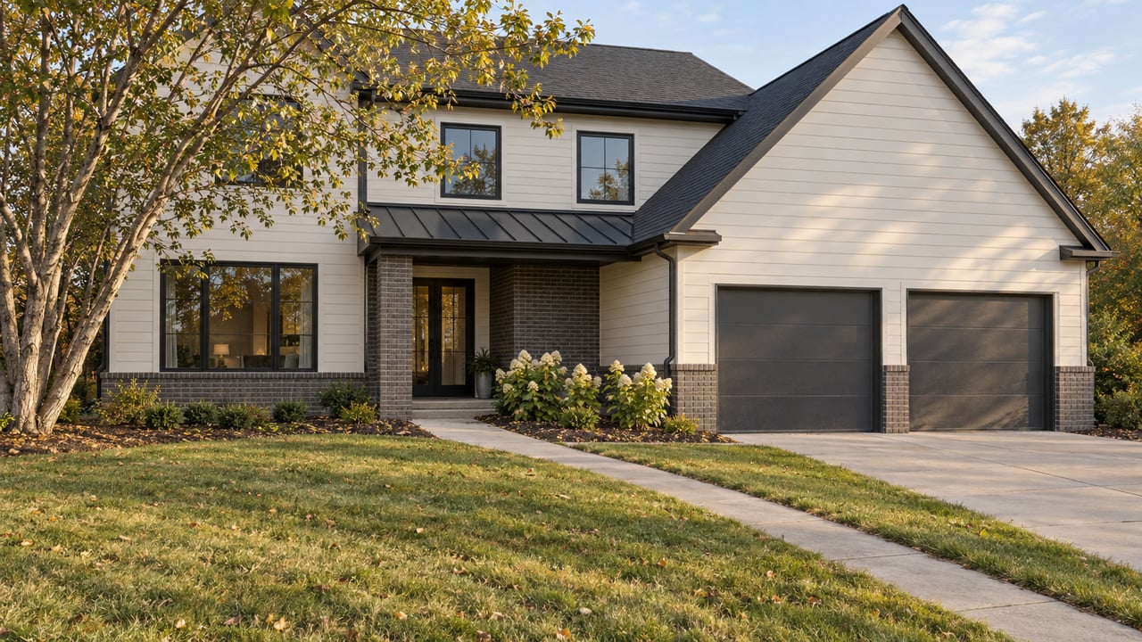 Detached two-story house with off-white siding, charcoal brick entry, double garage, and broad lawn crossed by a concrete walk.