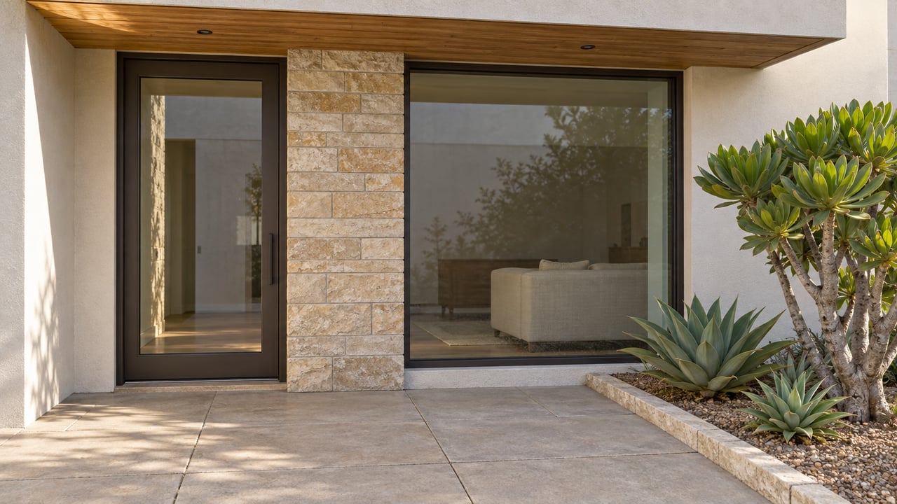 Sunlit contemporary residential entry with bronze-framed glazing, a cedar soffit, limestone accents and sculptural drought-conscious planting.