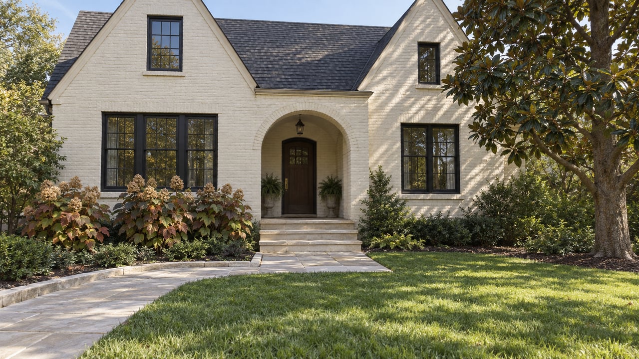 Ivory painted-brick house with steep charcoal gables, an arched entry porch, limestone garden walk, and autumn oakleaf hydrangeas beneath black-framed windows.