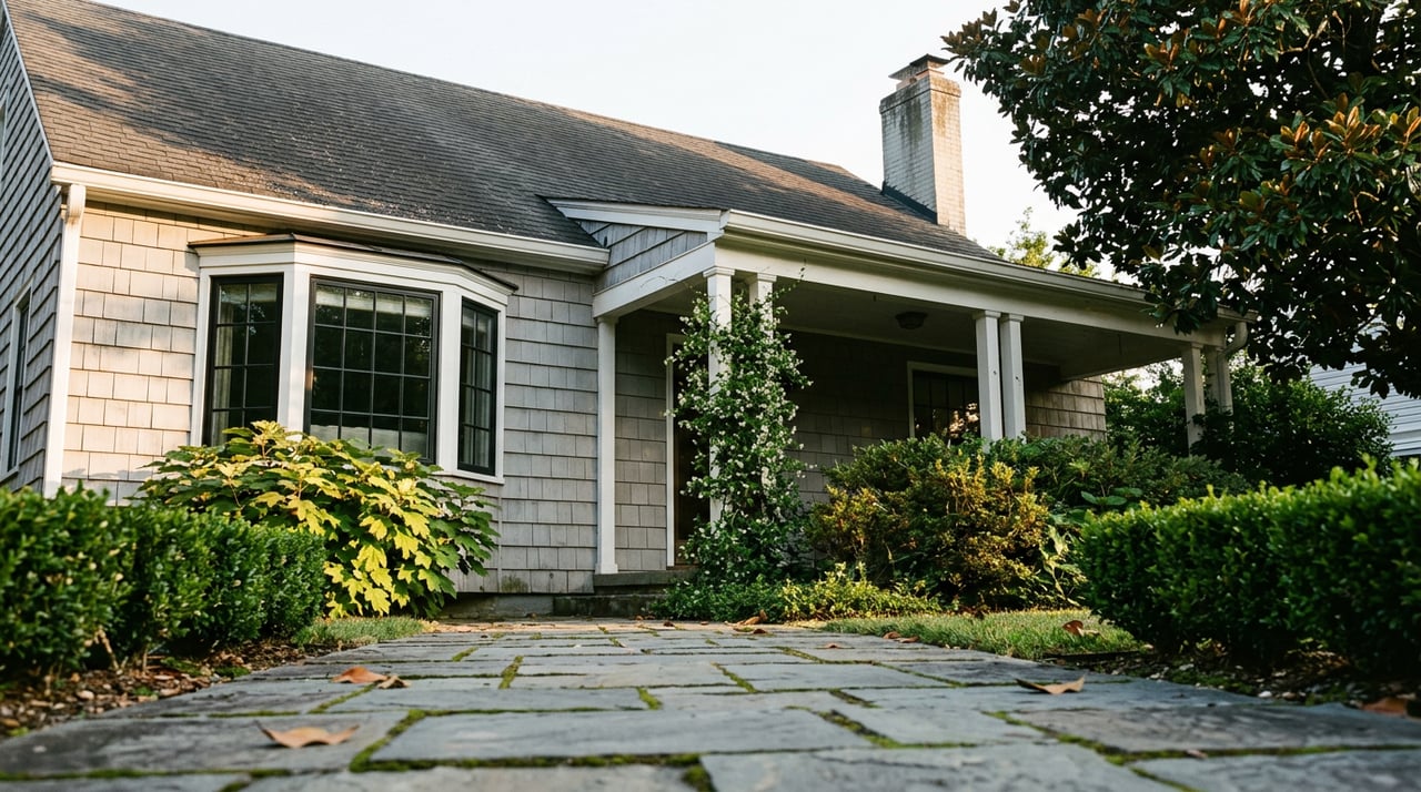 Gray-shingled cottage with a covered porch, bluestone path, clipped boxwood hedges, and a magnolia tree.