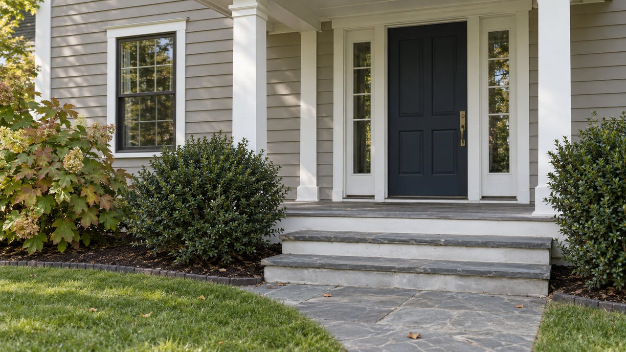 Gray clapboard entry with a navy door, white porch posts, bluestone steps, and bronze-edged hydrangea leaves.