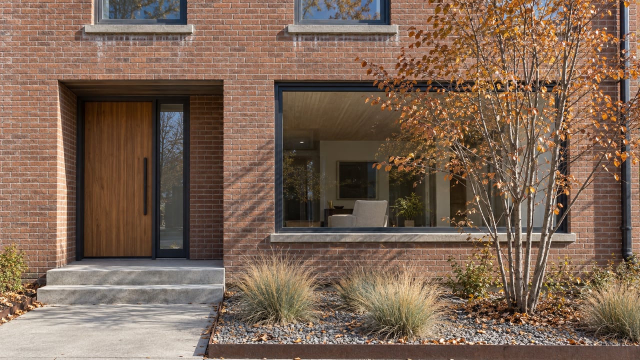 Sunlit brick residence with a recessed timber entry, large steel-framed windows and copper autumn serviceberry leaves.