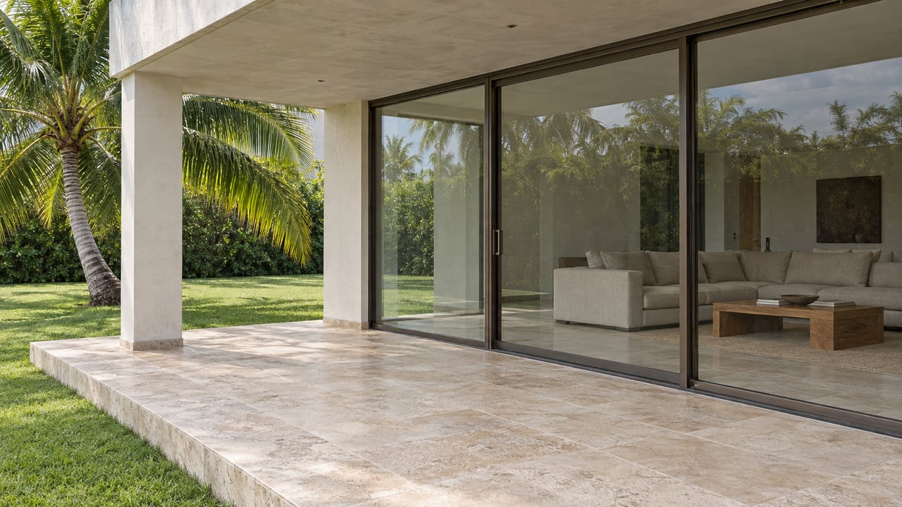 Covered limestone terrace beside bronze-framed living-room glass, with a curved coconut palm and manicured lawn.
