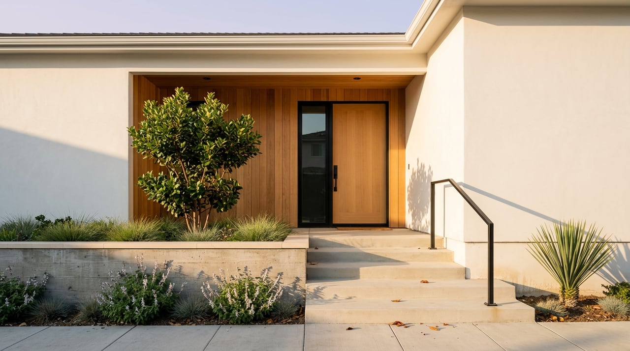 Recessed cedar-lined entry with an oak door, concrete steps, black handrail, and layered drought-tolerant planting.