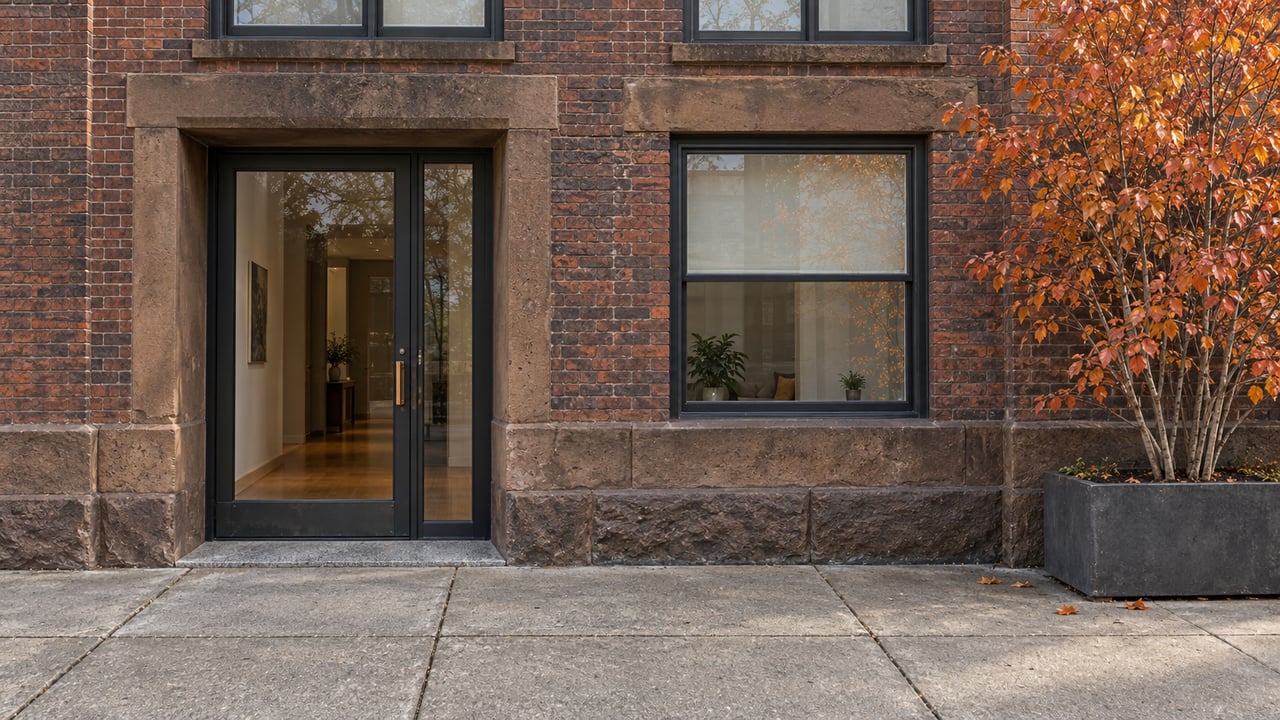 Weathered red-brick residential entrance beside a broad concrete sidewalk and one planter with copper-colored autumn serviceberry foliage.