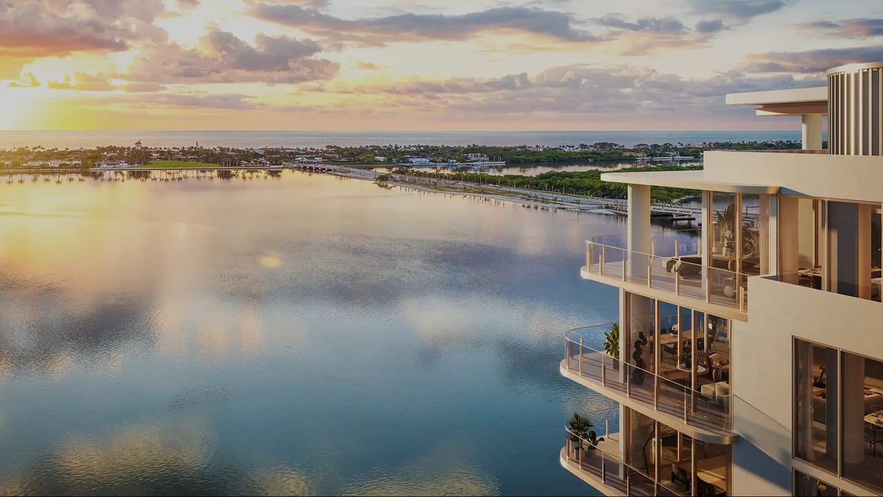 Rendering of waterfront terrace and intracoastal view at Maison d’Or in West Palm Beach.