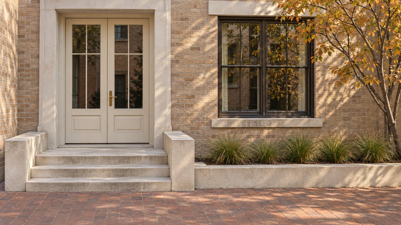 Buff-brick home with ivory French entry doors, limestone steps, a bronze-framed window and an amber-leaved serviceberry.