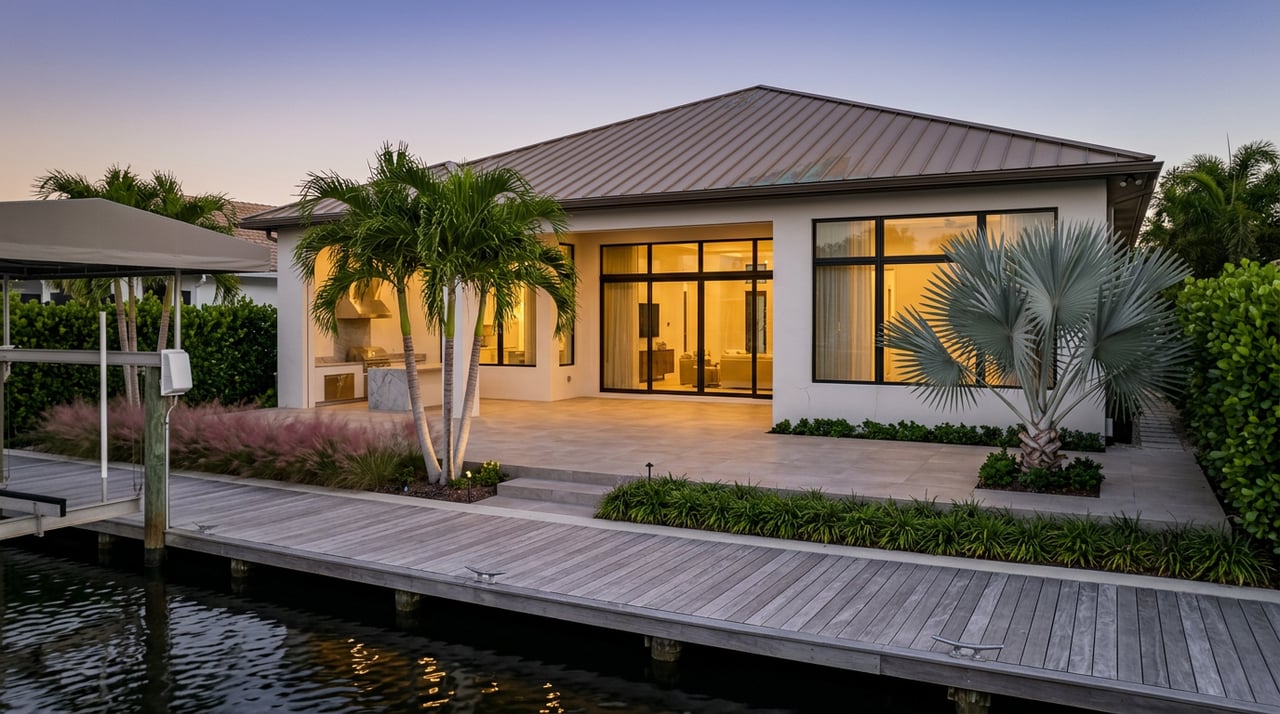 Waterfront home glows behind a tiled terrace and dock, with an empty boat lift.