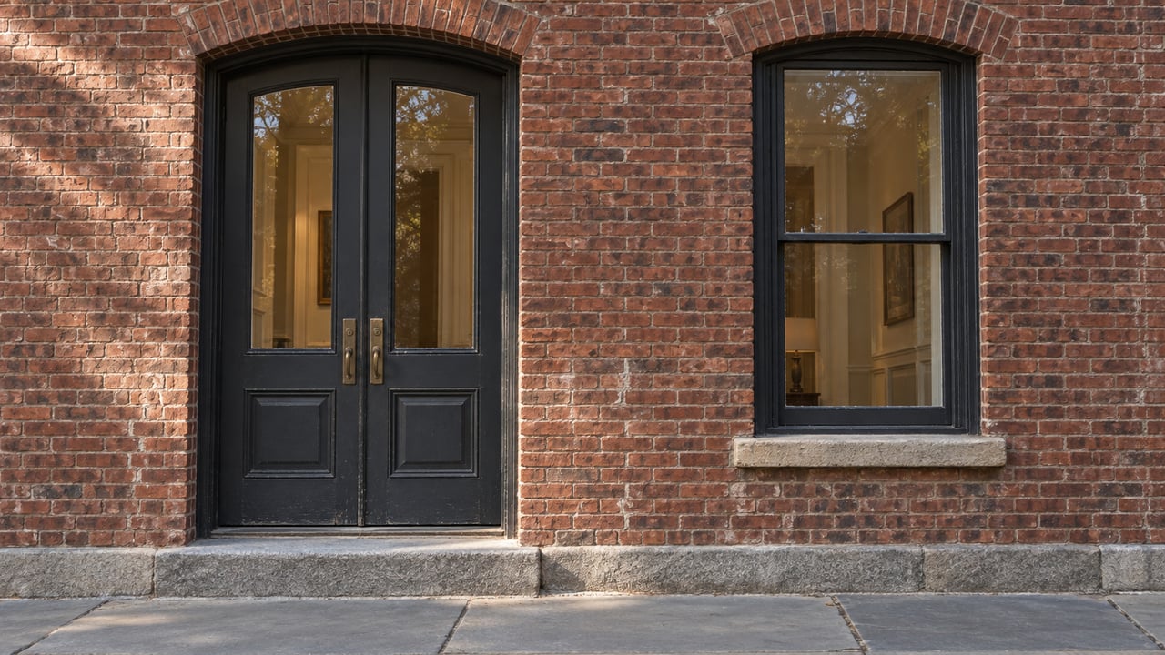 Weathered red-brown brick residential facade with paired charcoal glazed doors, a tall sash window, and a worn granite entry step beside a bluestone sidewalk.