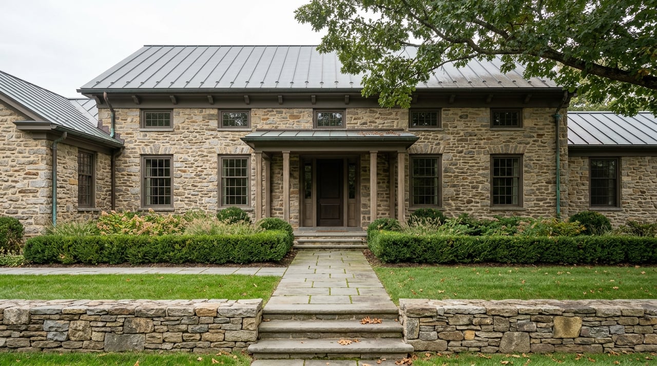 Stone residence with a timber-post entry, boxwood-lined walkway, and mature oak canopy.
