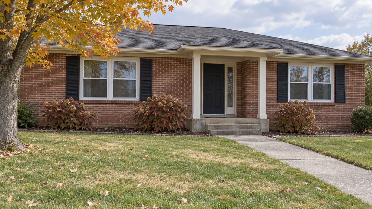 Red-brick single-story home with a covered entry, broad autumn lawn and a yellow-orange maple tree.