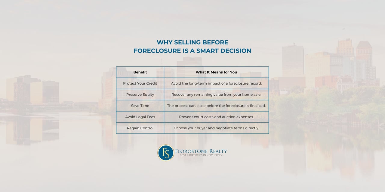 Infographic listing benefits of selling before foreclosure, including protecting credit, preserving equity, saving time, avoiding legal fees, and regaining control.