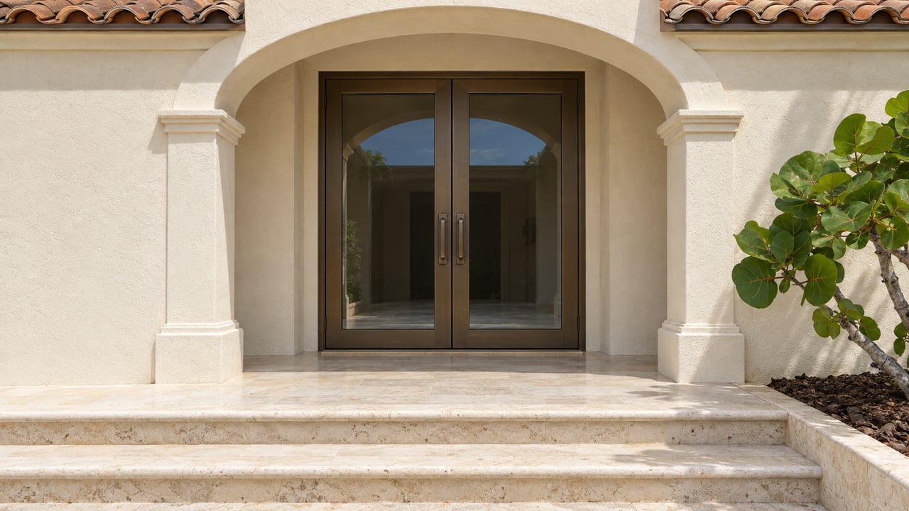 Cream stucco arched entry with bronze-framed glass double doors, worn limestone steps and a sea grape beside the landing.
