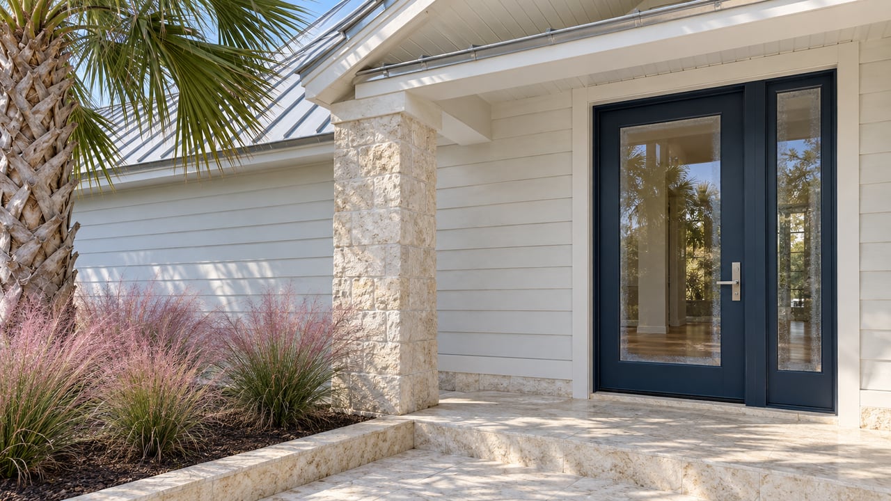 Close view of a light-sided home's stone porch pier, navy glazed entry, limestone landing, and palm beside pink muhly grass.