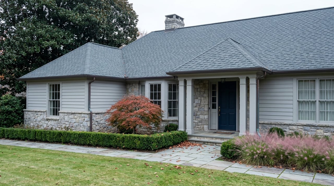 Stone-and-gray-sided estate entry with a navy door, curving flagstone walk, and red-orange maple.