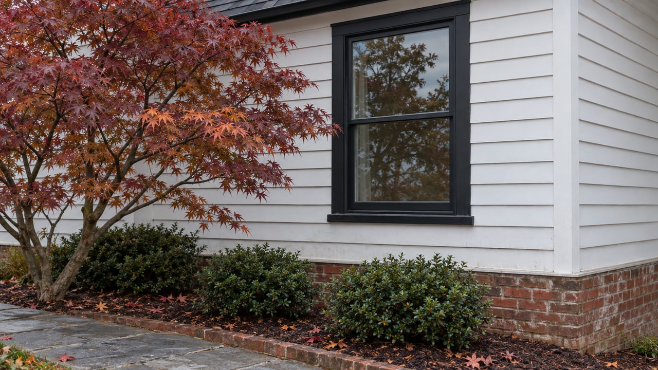 White clapboard house corner with a black-trimmed window, brick foundation, and burgundy Japanese maple.