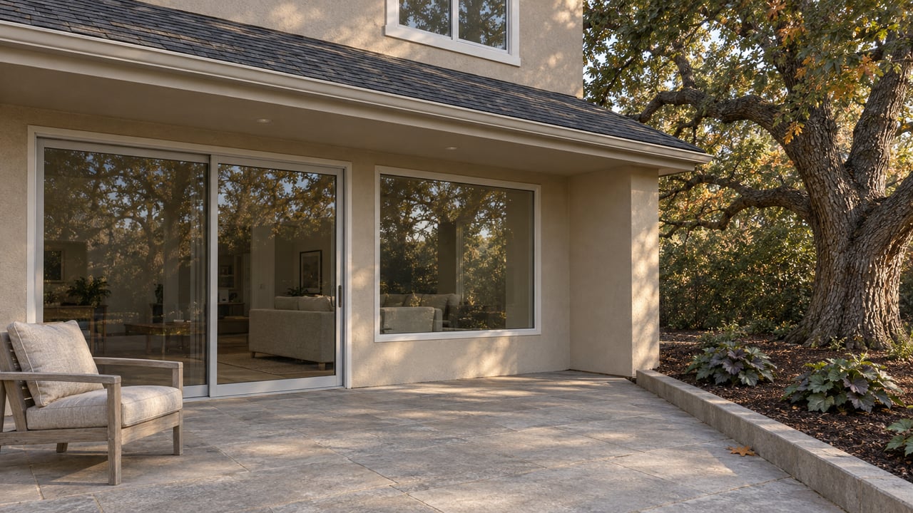 Morning light on an olive-tan home’s covered stone terrace, closed glass doors, a teak chair and an oak-shaded garden.